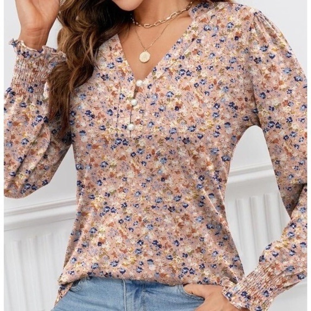 Rapbin NWT Rose Pink Ditzy Floral V-Neck Long Sleeve Puff Ruffle Cuff Top Sz S